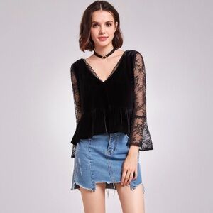 Alisa Pan Black Velvet Lace Bell Sleeve Dark Romantic Top Blouse Size 12